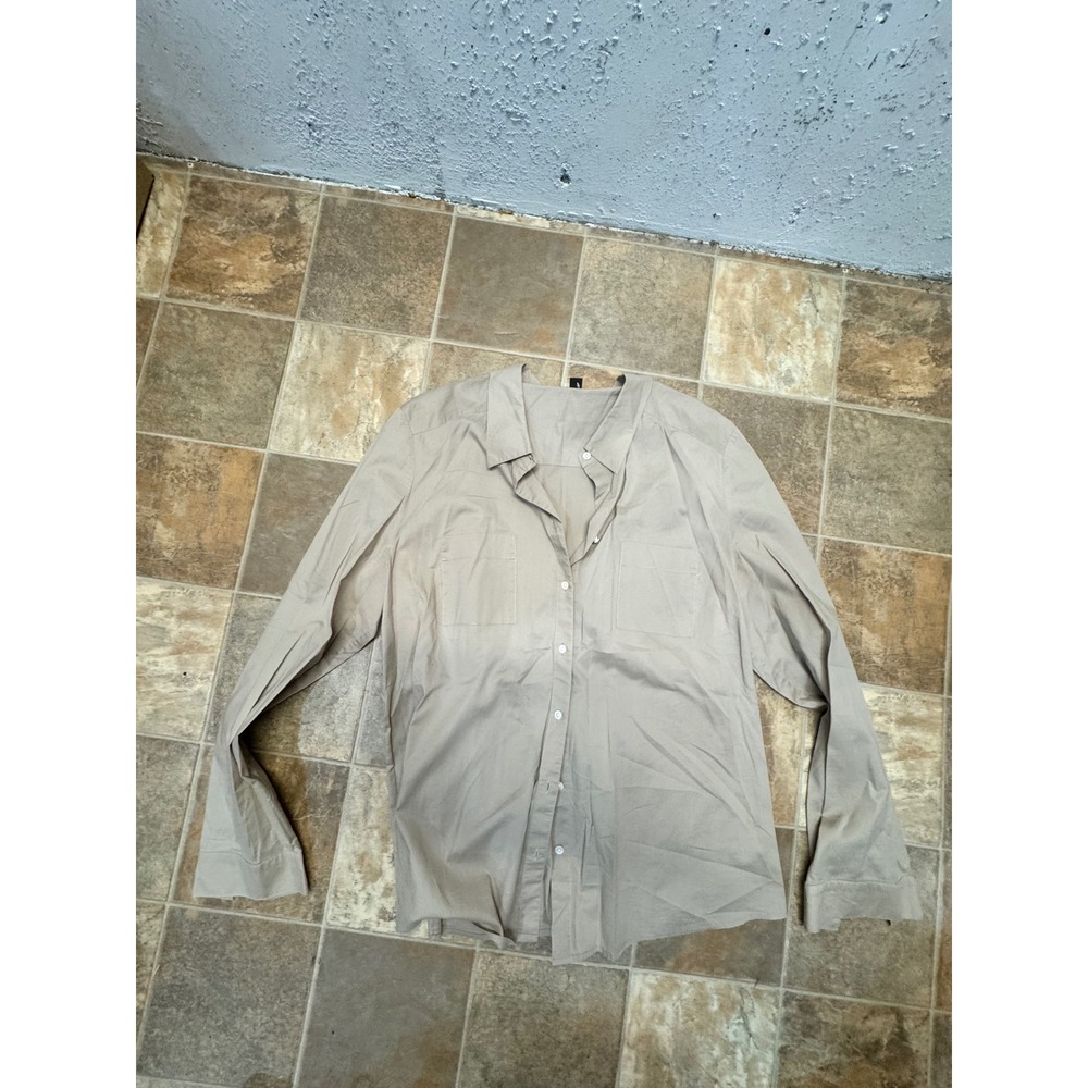 Ann Taylor Khaki Tan Button Down Long Sleeve Shirt Utility Pockets Size 16
